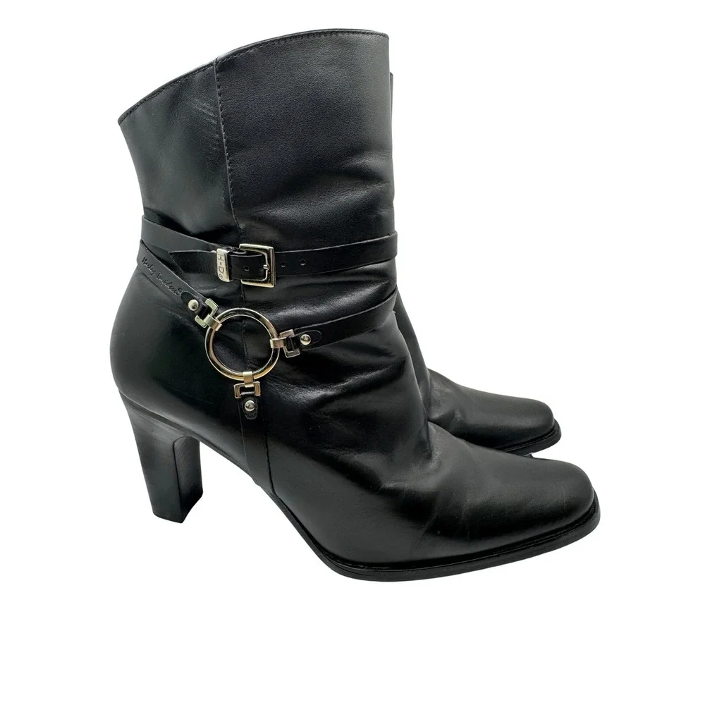 Harley Davidson Black Leather Heeled Ankle Boots size‎ 9 Buckle Strap HD